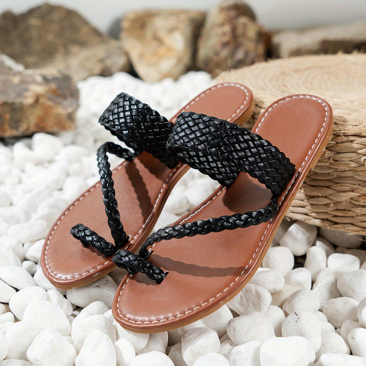womens loop toe slide sandals lightweight open toe slip on shoes womens braided belt shoes details 16